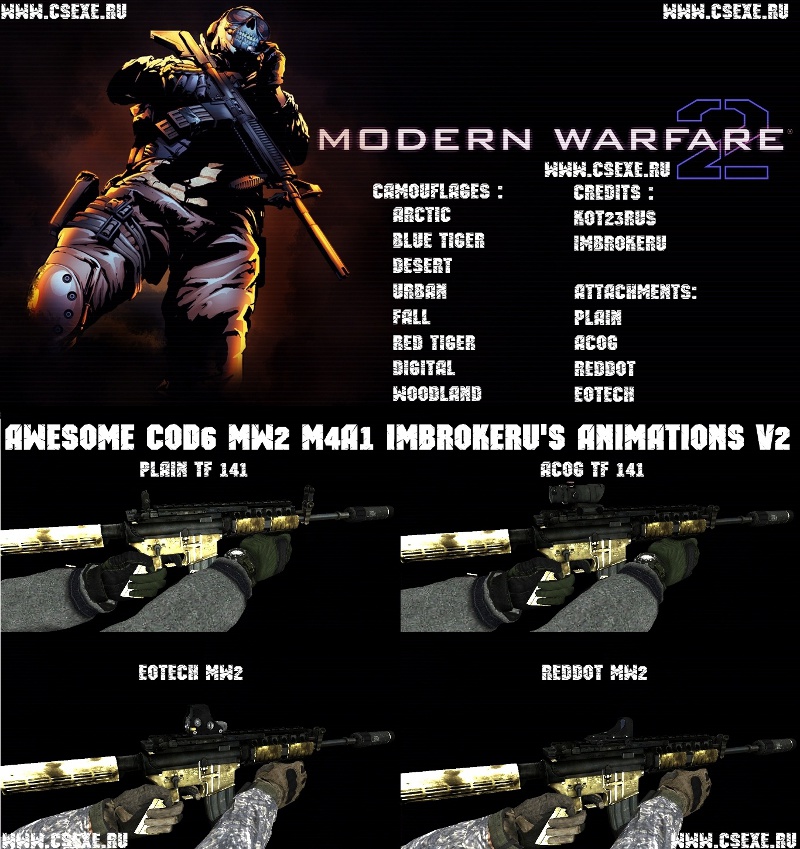 Awesome COD6 MW2 M4A1 ImBrokeRU's Animations V2 (MW2 and TF 141 hands) (Plain,Red dot,ACOG,EOTECH)